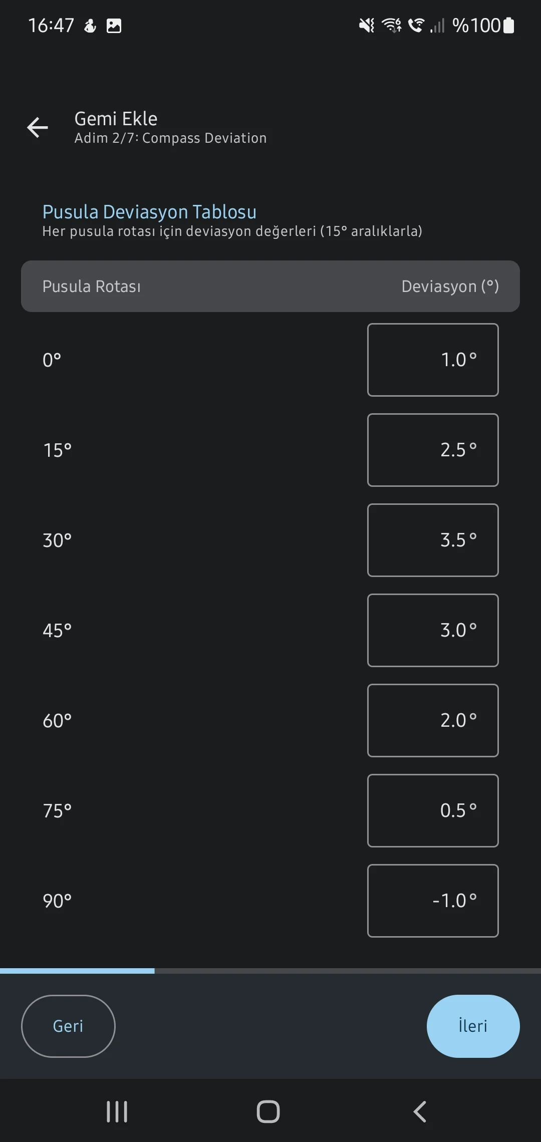 Скриншот приложения CaptainCalc - Ввод девиации компаса