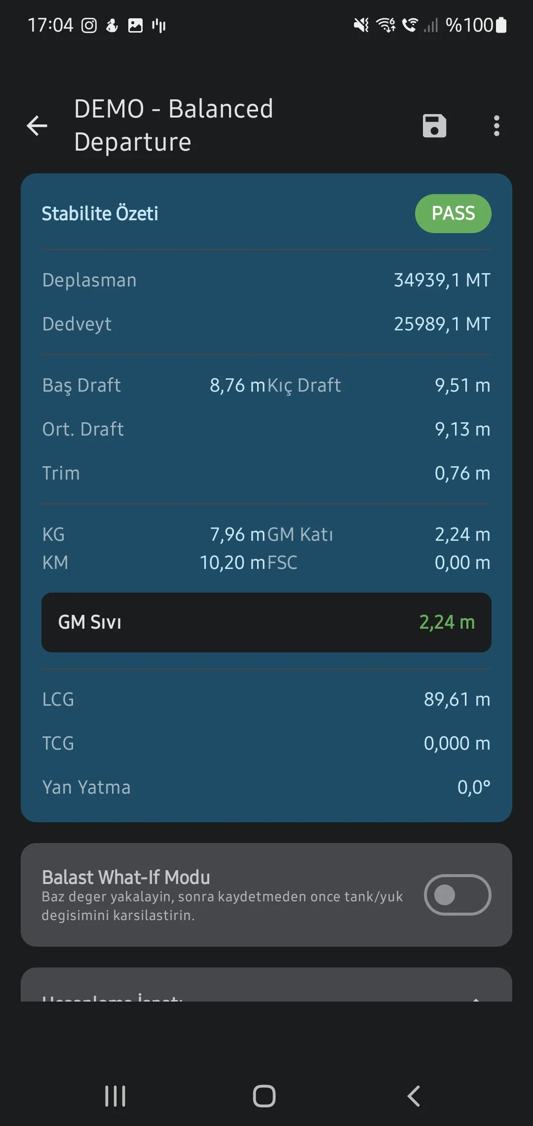 Скриншот приложения CaptainCalc - Форма статуса остойчивости