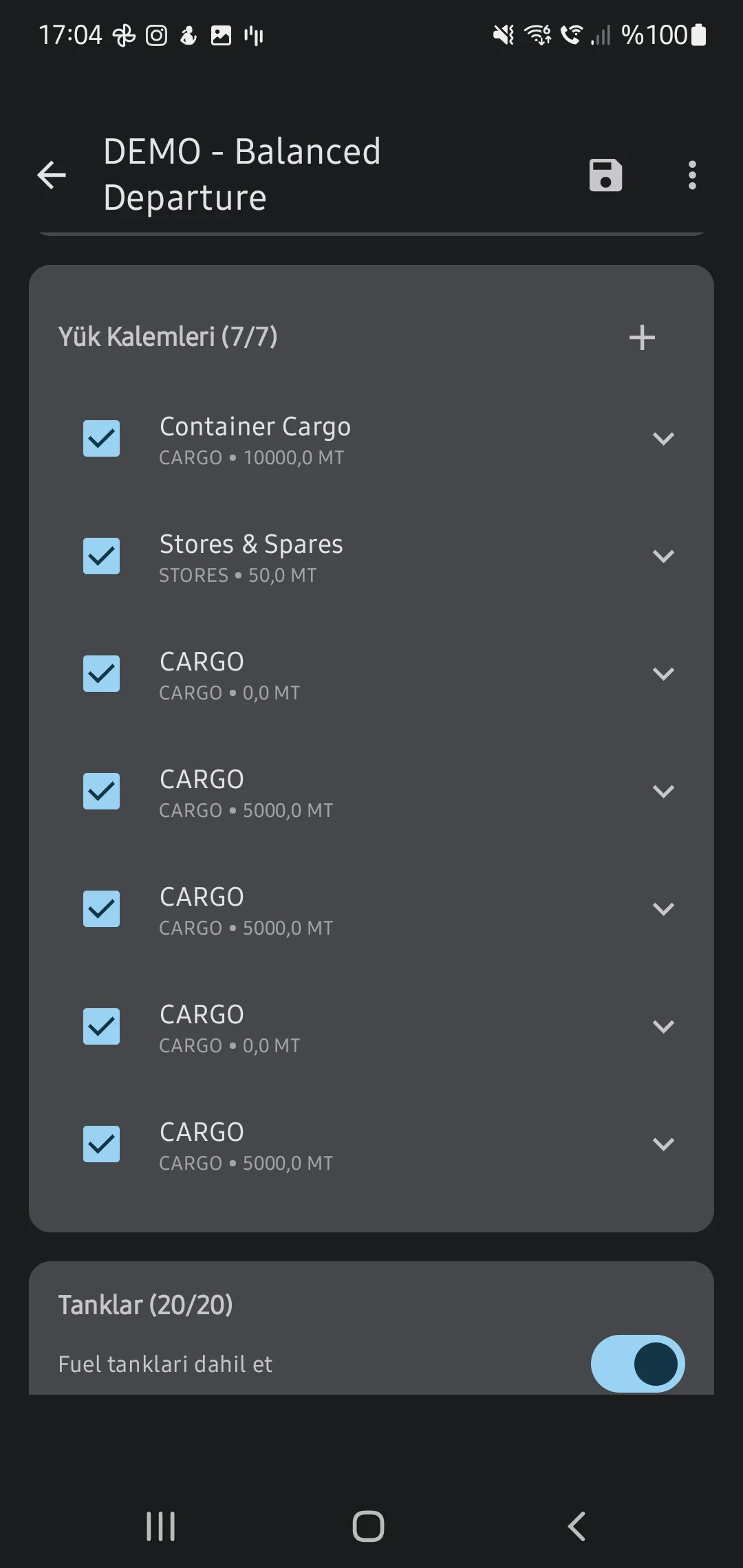 Скриншот приложения CaptainCalc - Ввод данных трюма