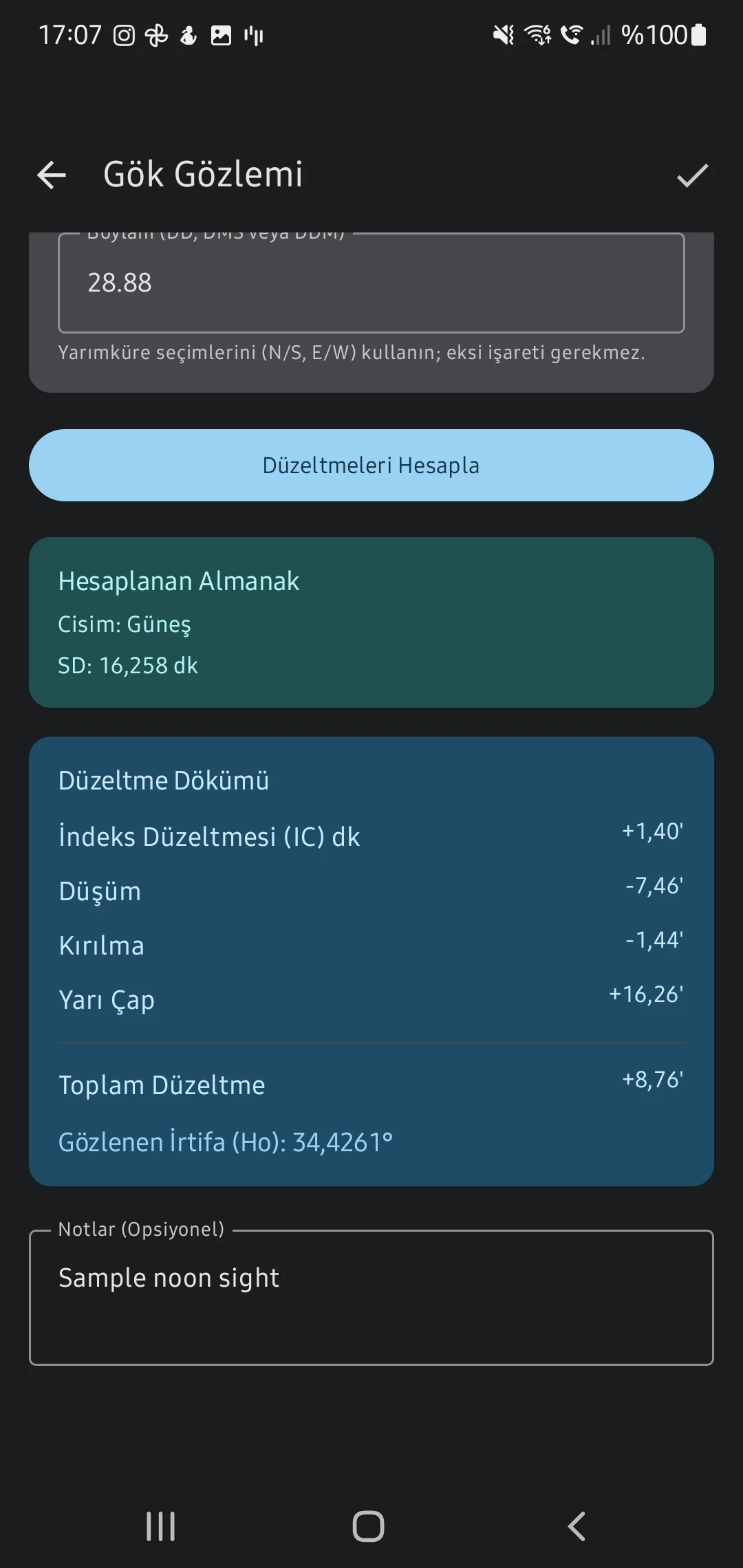 Скриншот приложения CaptainCalc - Записи полуденных наблюдений