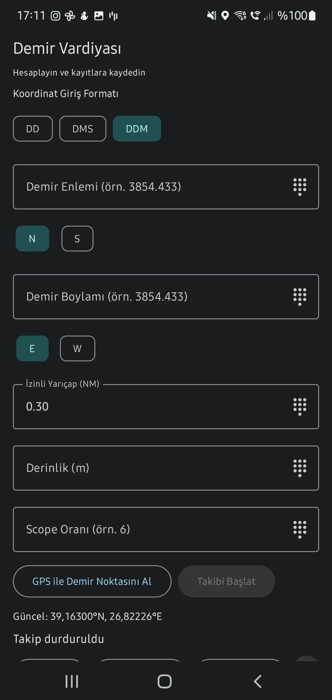 Скриншот приложения CaptainCalc - Настройка якорной вахты